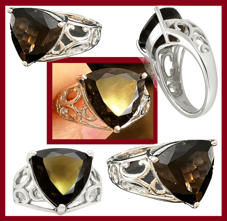 New Rhodium over Sterling Silver Ring with Large 6.91 Carat Smoky Topaz Gem – Bold Vintage Elegance - 7.17 grams