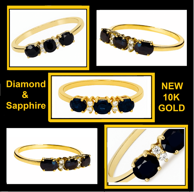 NEW 10K Yellow Gold Diamond & Sapphire Ring – Size 8 – Elegant 7- Stone Design