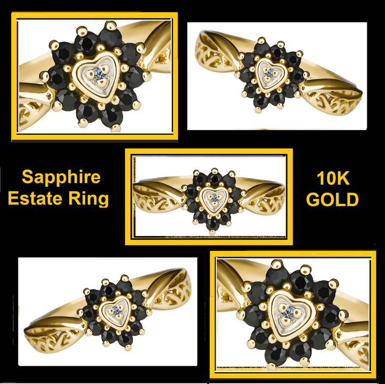 10K Yellow Gold Heart Halo Ring with Genuine Black Sapphires