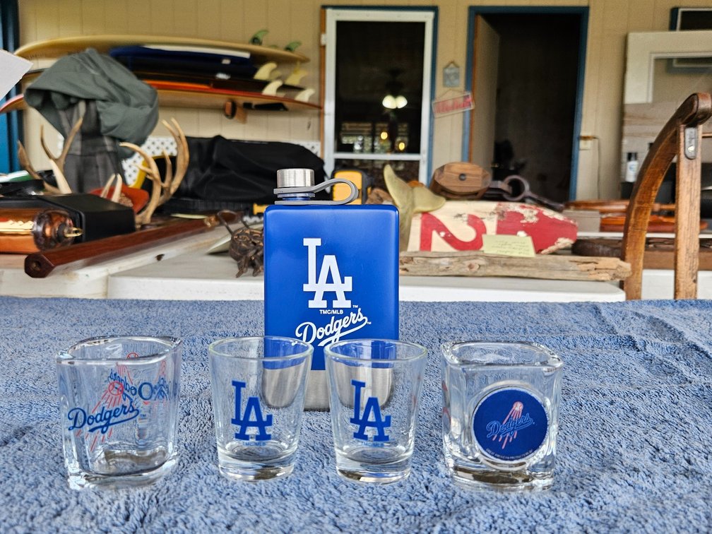 Dodger flask and shot glasses. 