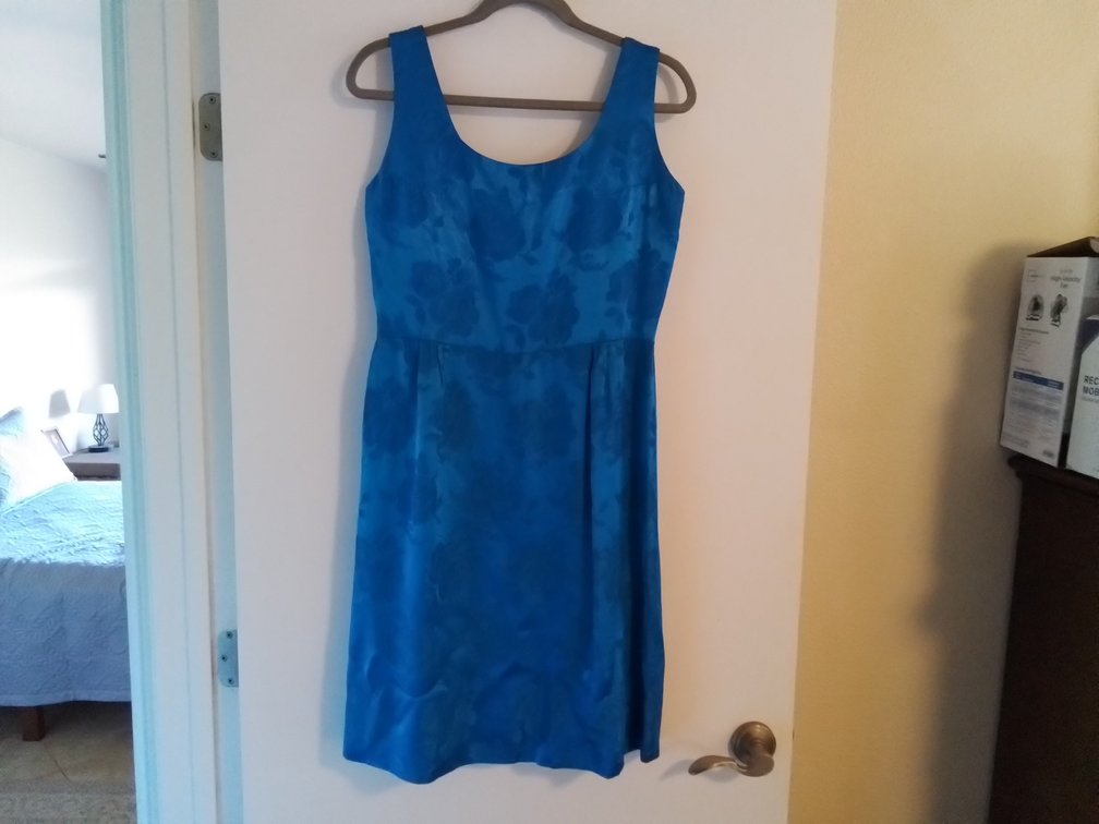 Blue brocade satin cocktail dress 