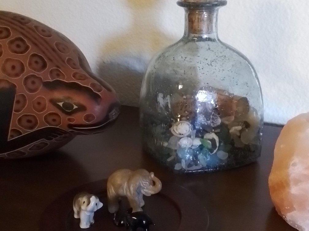 Patron bottle with beach glass--Himalayan salt candle--elephants --gourd rattle
