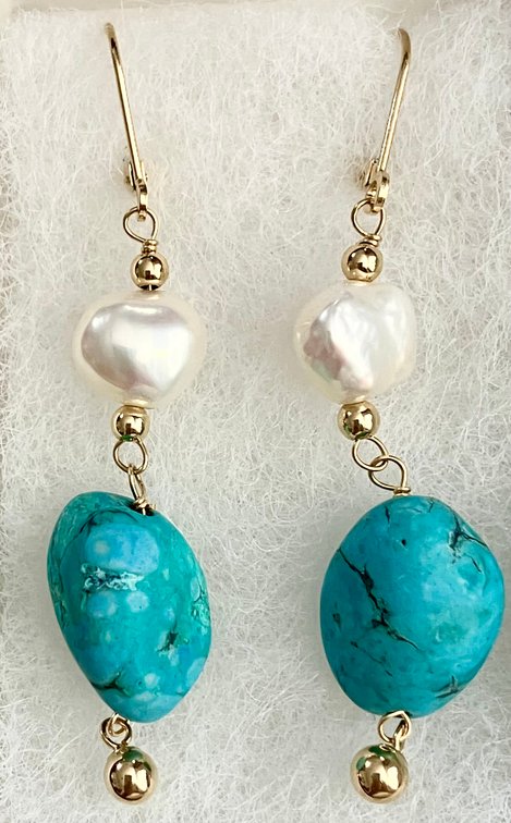 14K Solid Gold work, w/ Turquoise Stone and Pearl Earrings