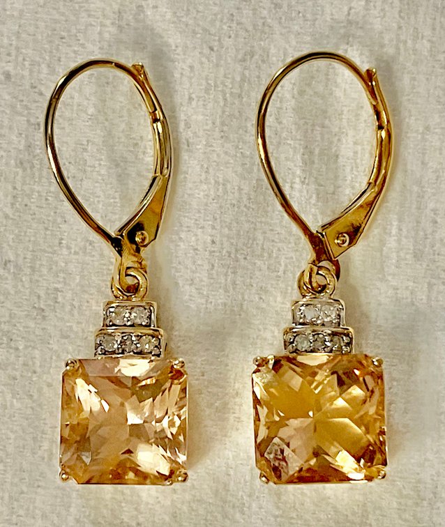 Estate Citrine & Natural Diamond Earrings Set in 10K Genuine Gold. Substantial Size at 3.1 Grams