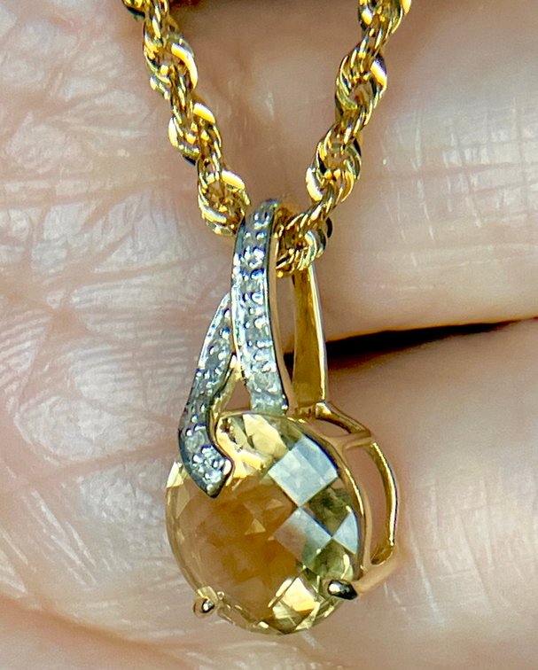 Estate 10K Genuine Gold Pendant with Diamonds & Citrine. Far More Beautiful than Pictures Show! Includes DC Gold Rope Chain!