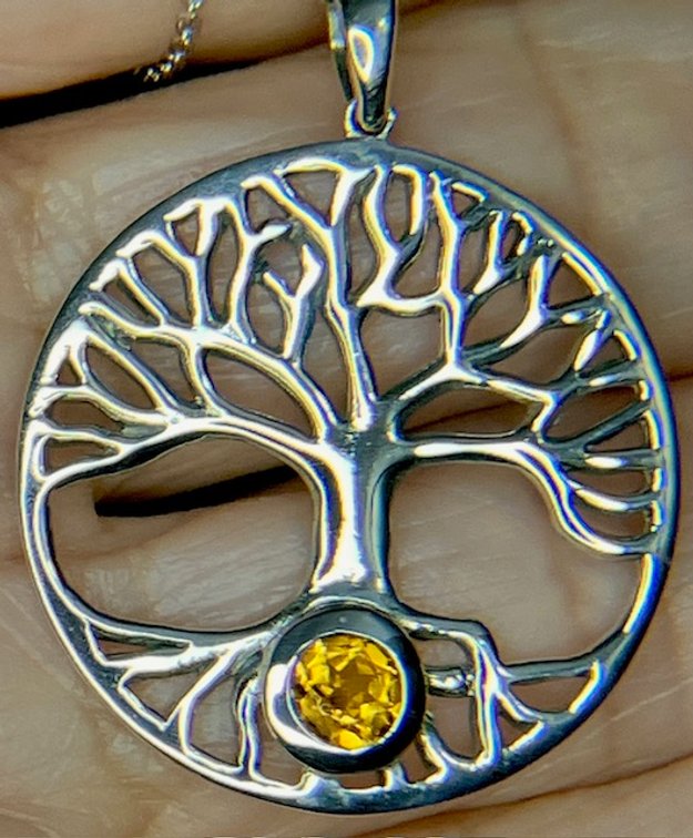 Tree of life with Genuine Citrine Gemstone Half Dollar Size Pendant with Rhodium Over Sterling and Matching Necklace Chain. 