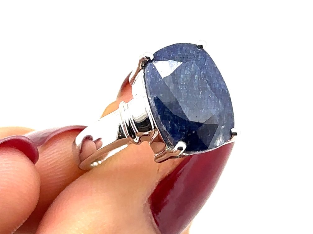 Bold Sterling Silver Ring with Genuine Dyed Blue Sapphire – Size 7