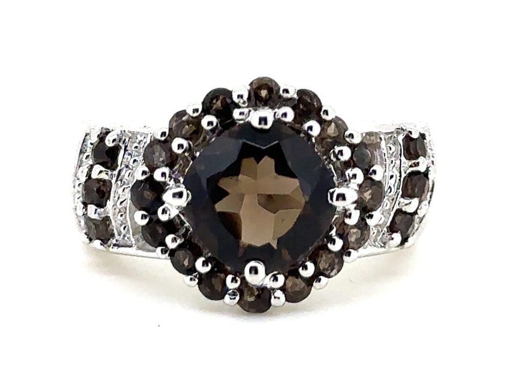 Rhodium Plated Sterling Silver Ring with Chocolate Quartz – Size 7