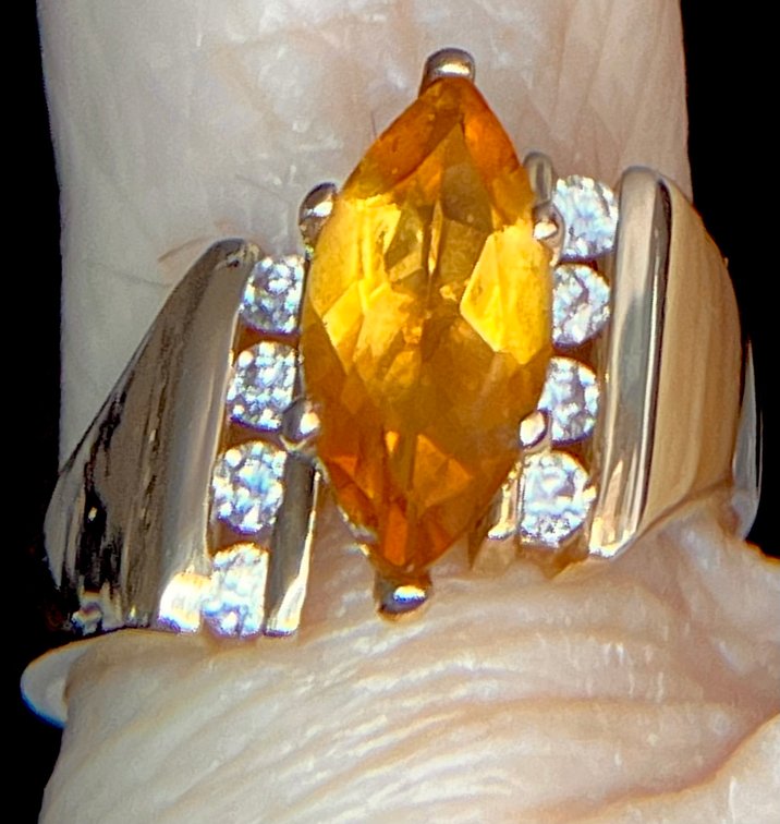 14K Solid Gold Ring with Big Citrine Marquis and Moissanite Side Stones  Big 4.5 Grams