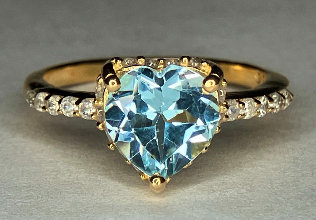 NEW Big Blue Topaz Heart Center Gemstone with White Topaz Side stones set in 14K Gold Overlay On  Sterling Ring
