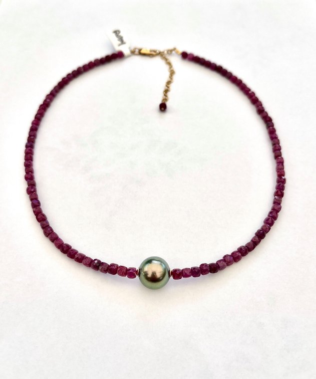 12.4mm Tahitian Pearl on Ruby Necklace