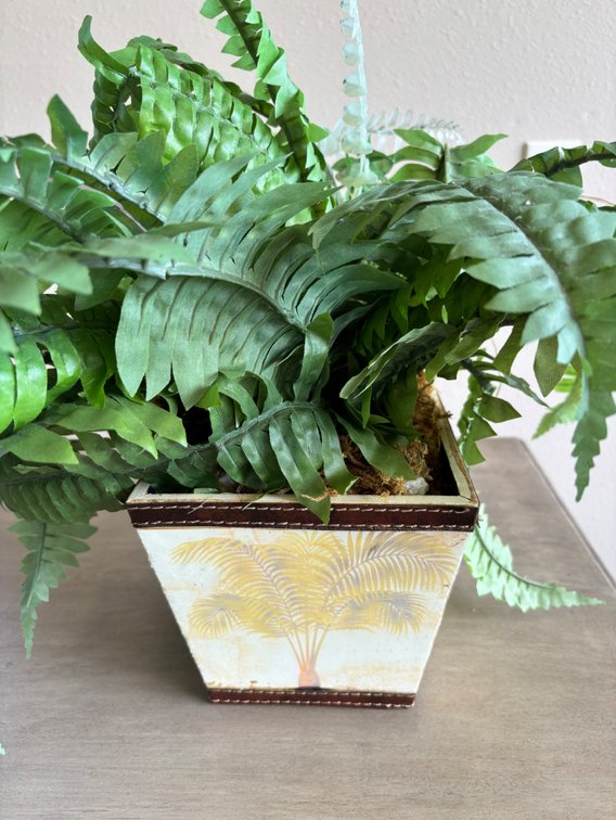 New Faux Fern Plant Display with Decorative Rectangular Wood Vase