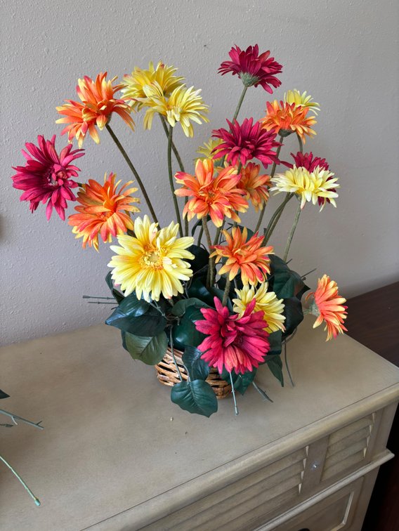 New Colorful Faux Plant Display in Bamboo Basket