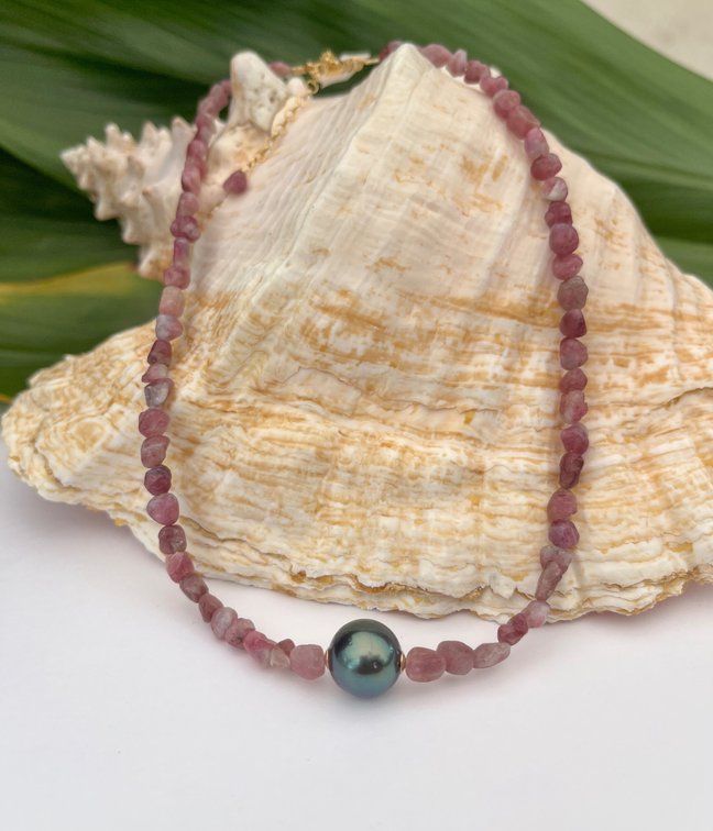 Tahitian Pearl and Pink Tourmaline Necklace