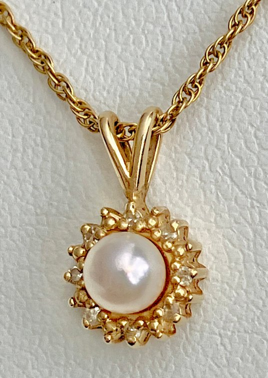 Pearl and Diamonds Halo Pendant on 14K Solid Gold Chain