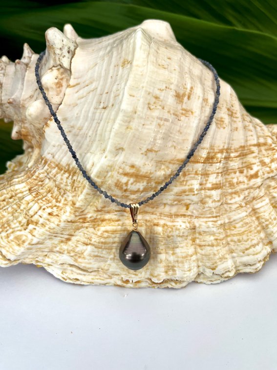 Stunningly Large Tahitian Pearl Pendant on Sapphire Necklace