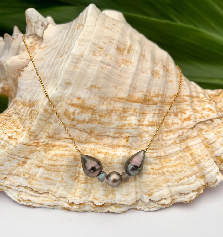 Three Tahitian Pearl Necklace with Labradorite Accents