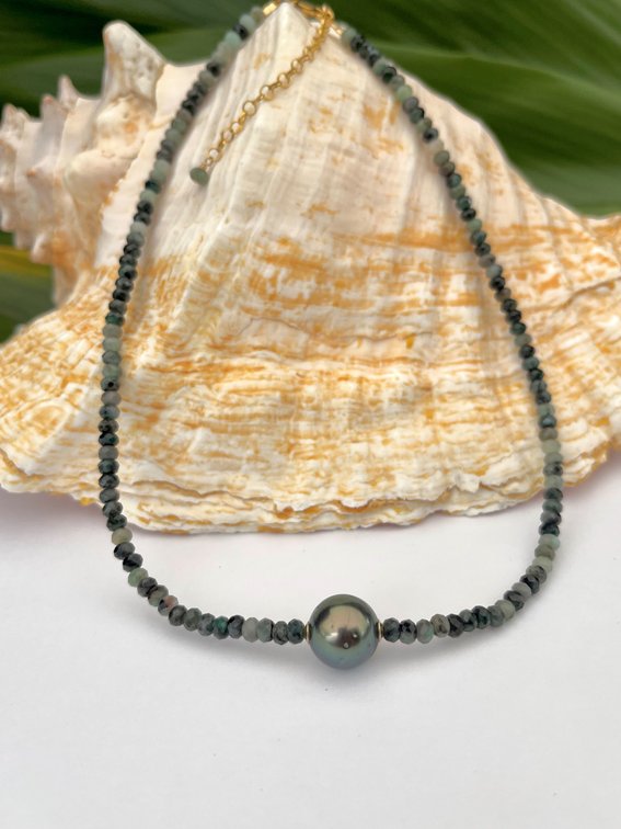 Tahitian Pearl and Rough Emerald Necklace 