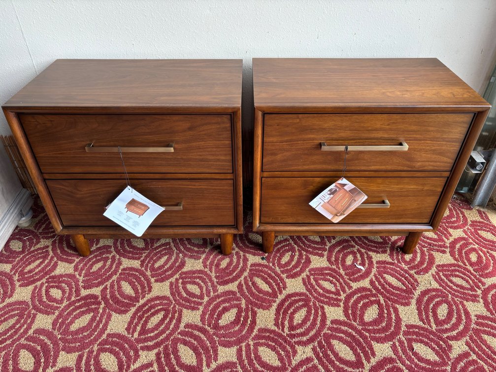 (X's 2) Brand New Brown Mid Century Modern Style Wood 2-Drawer Nightstand 