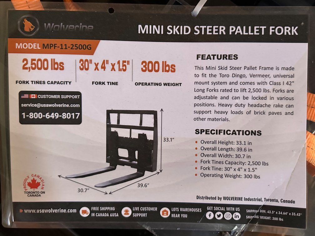 Wolverine MPF-11-2500G Mini Skid Steer Pallet Fork
