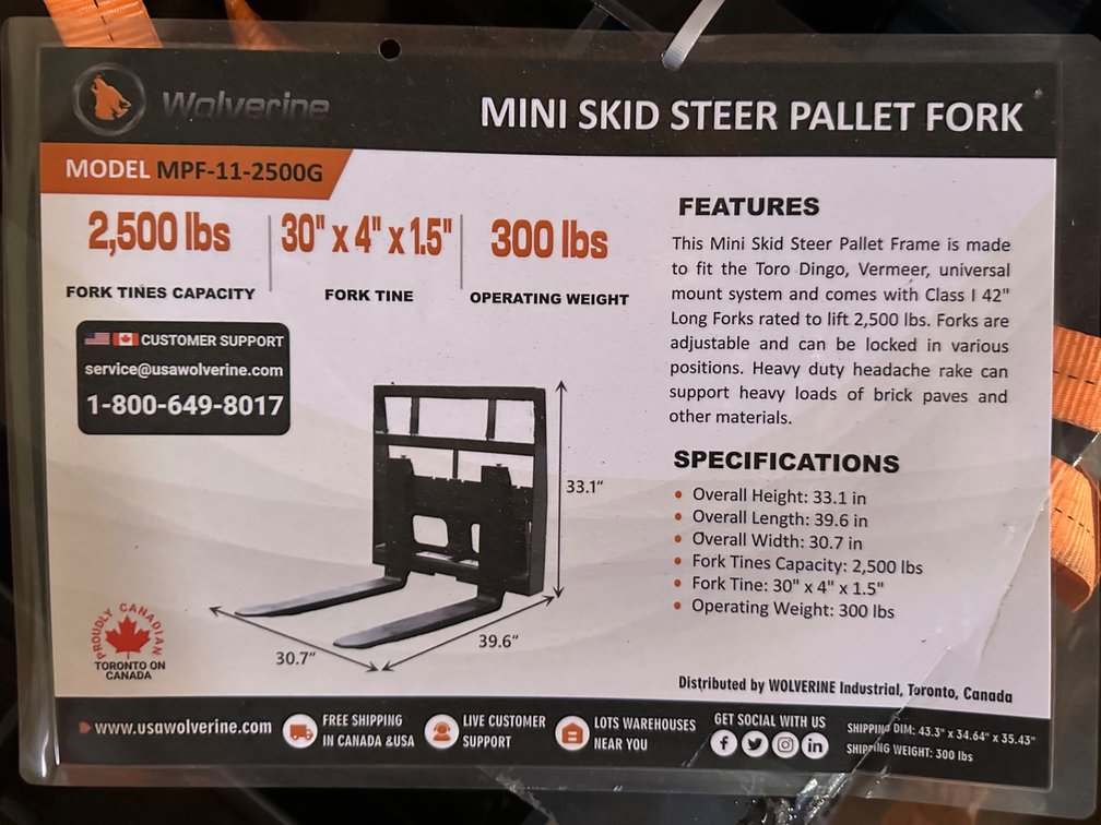 Wolverine MPF-11-2500G Mini Skid Steer Pallet Fork