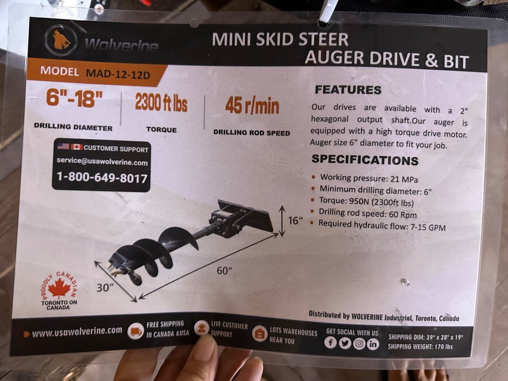 Wolverine MAD-12-12D Mini Skid Steer Auger Drive & Bit – 6" to 18" Drilling Diameter