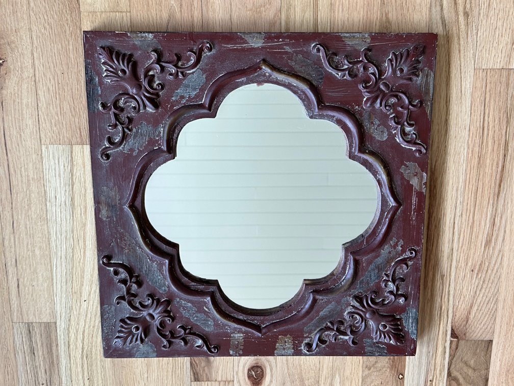 Ornate Square Mirror with Distressed Red Frame