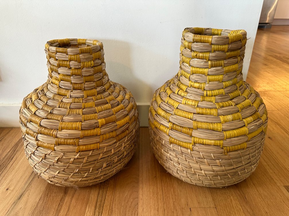(X's 2) Woven Decorative Vases with Yellow Accents