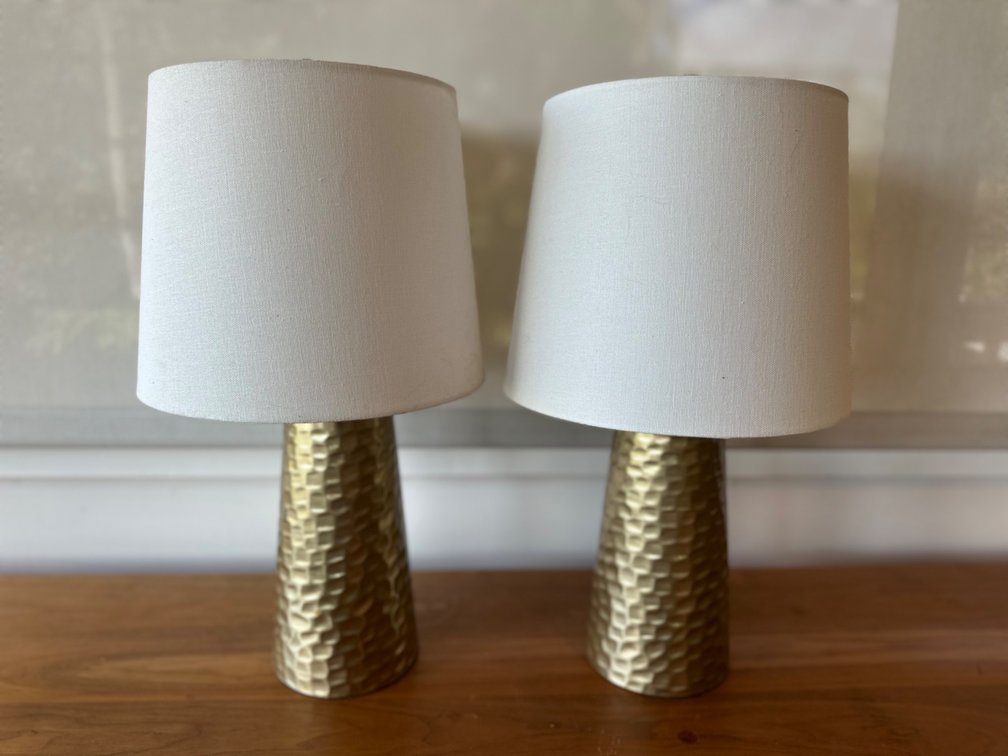 (X's 2) Modern Gold Textured Base Table Lamps with White Shades