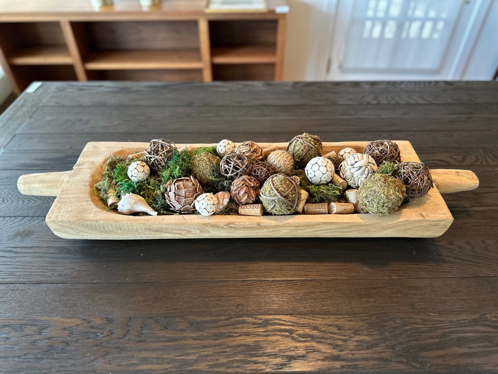 Rustic Wooden Dough Bowl with Decorative Orbs and Moss