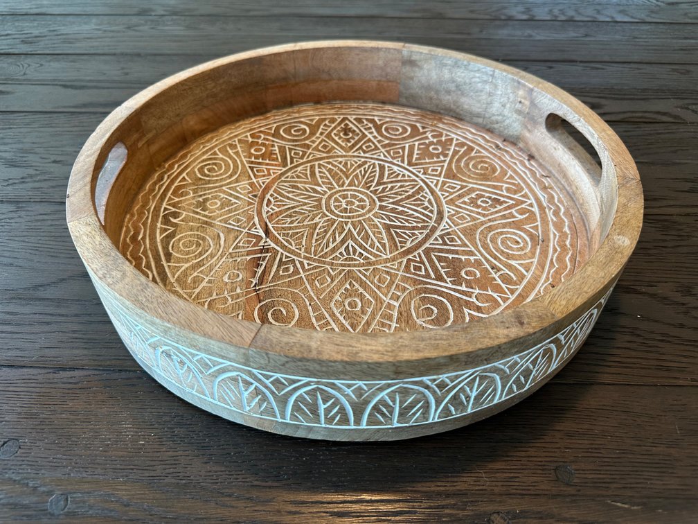 Hand-Carved Wooden 16" Round Tray with Mandala Design
