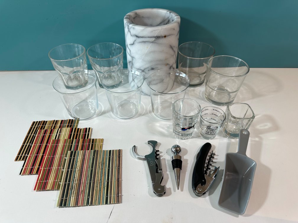 Barware Lot – Assorted Glassware, Marble Wine Chiller, Tools & Accessories