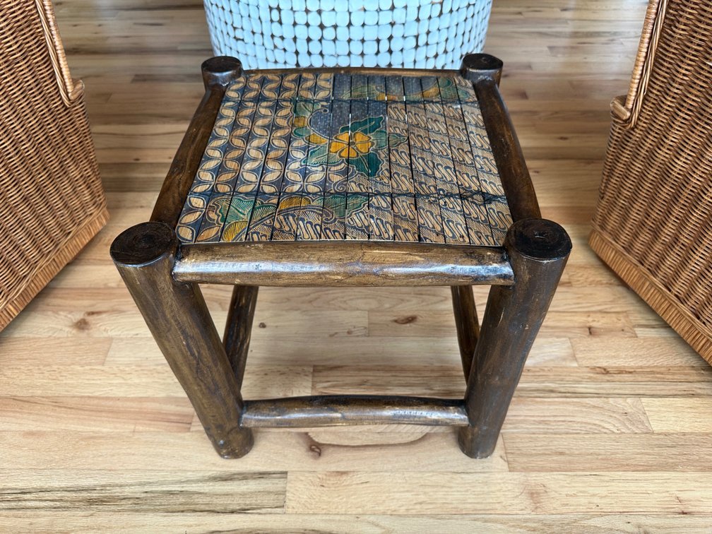 Handcrafted Wooden Stool with Floral Design Inlay