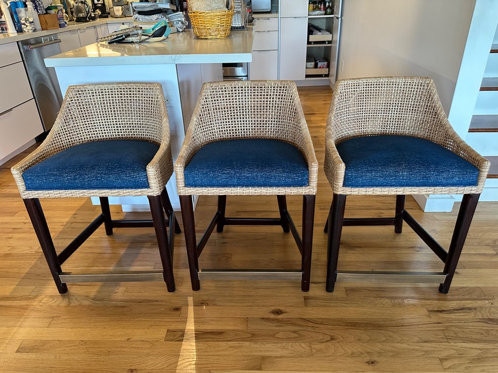 (X's 3) Woven Counter Stools with Blue Upholstered Seats
