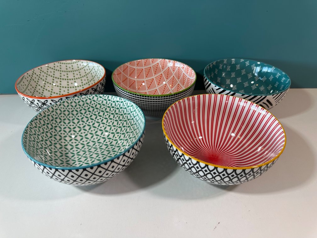(X's 5) Over and Back Brand Colorful Patterned Ceramic Bowls