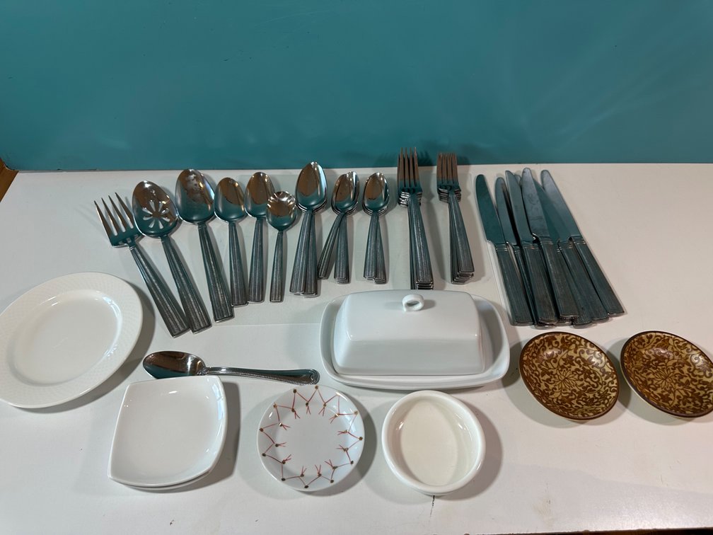 latware & Dish Lot – Knives, Forks, Serving Spoons, and Small Plates
