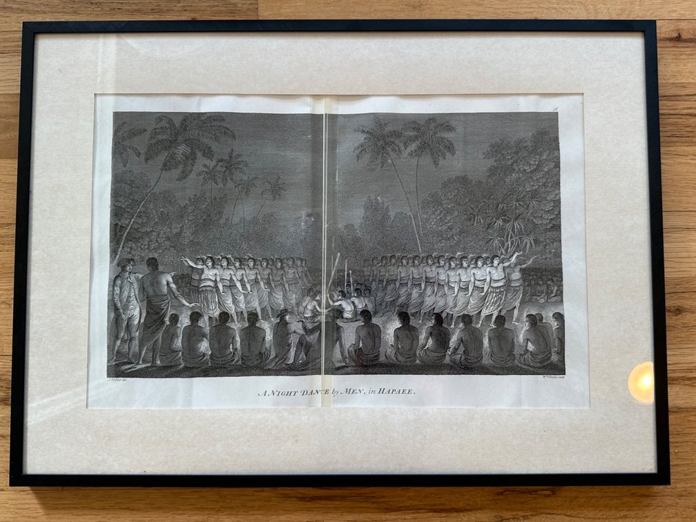 Framed Engraving – “A Night Dance by Men in Hapaee”