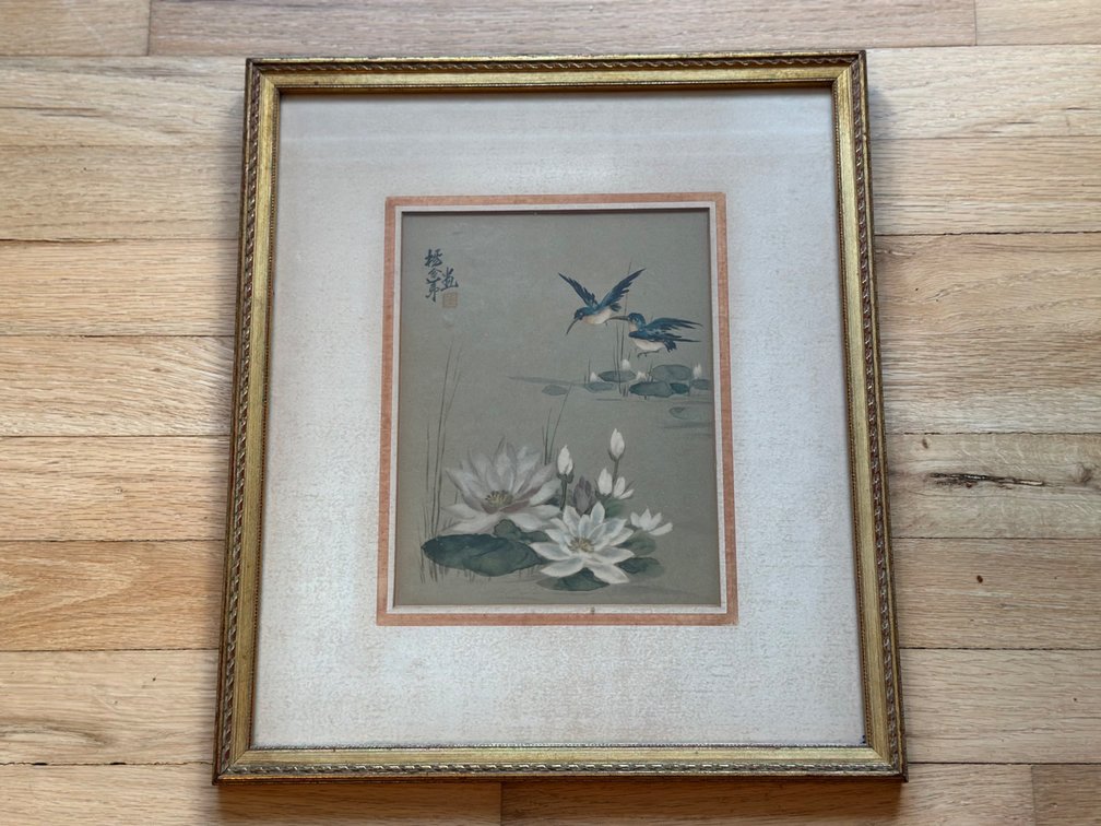 Framed Asian-Style Print – Birds over Lotus Blossoms