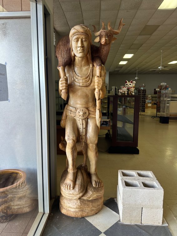 Carved Wooden Native American Hunter Statue – Detailed Sculpture with Deer and Dog