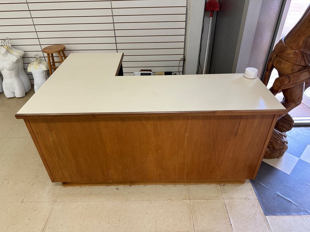L-Shaped Wooden Counter with Shelving – Retail or Workspace Counter (Buyer to Remove)