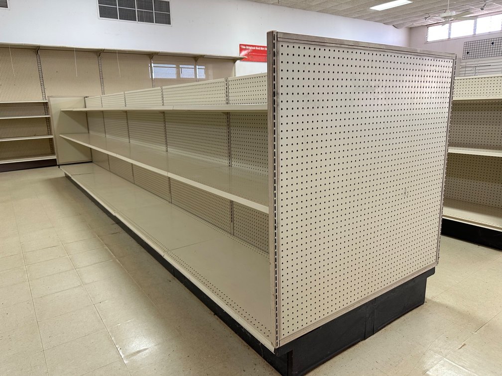 Double-Sided Retail Store Shelving Unit – Three-Tier Gondola Shelves (Buyer to Remove)