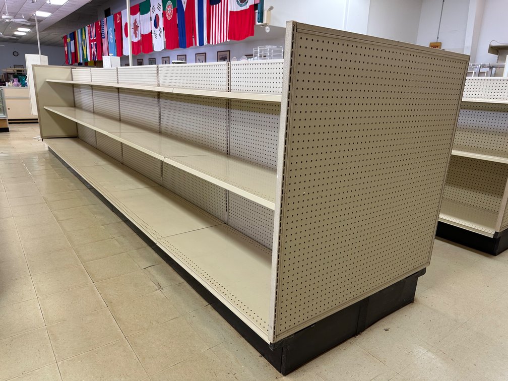 Large Double-Sided Retail Store Shelving Unit – Three-Tier Gondola Shelves (Buyer to Remove)