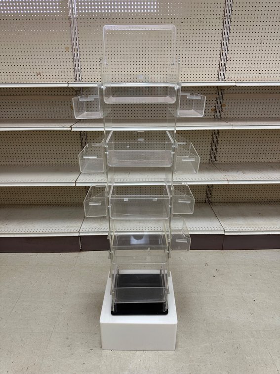 Rotating Acrylic Display Fixture with Tiered Bins