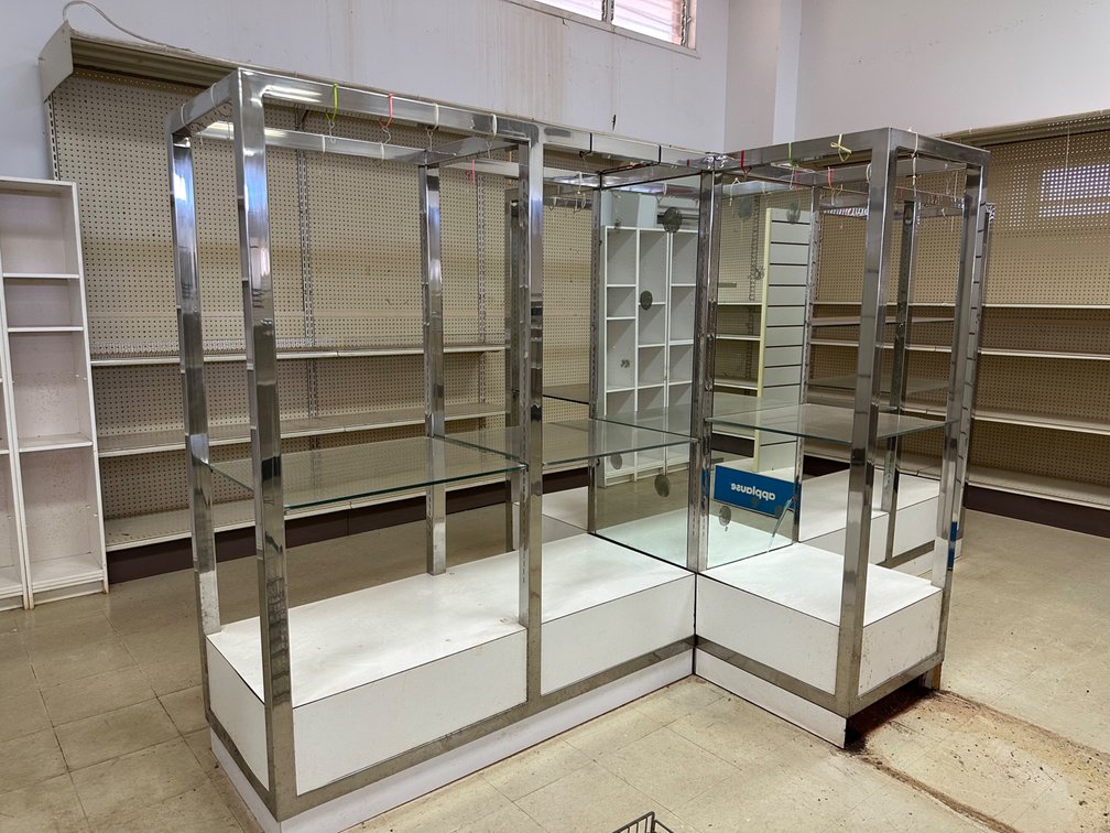 Large Glass Showcase Display Case with Chrome Frame