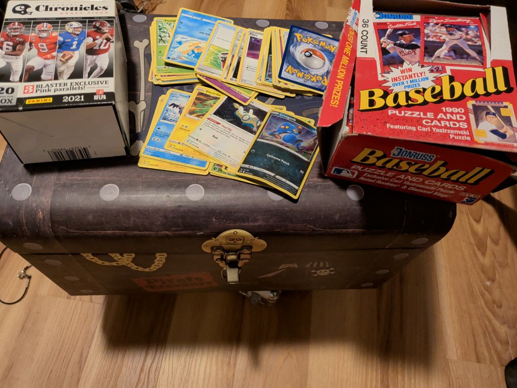 Baseball, football and Pokemon cards.