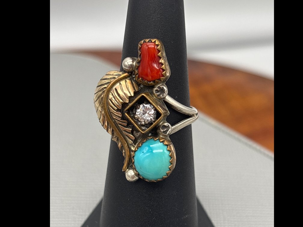 Sterling Silver Turquoise & Red Coral Ring