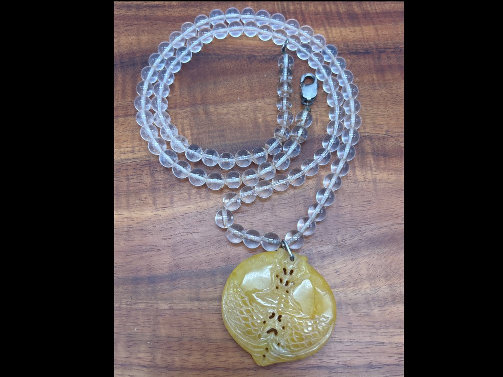 Double Koi Fish Carved Pendant on Quartz Beads Necklace 