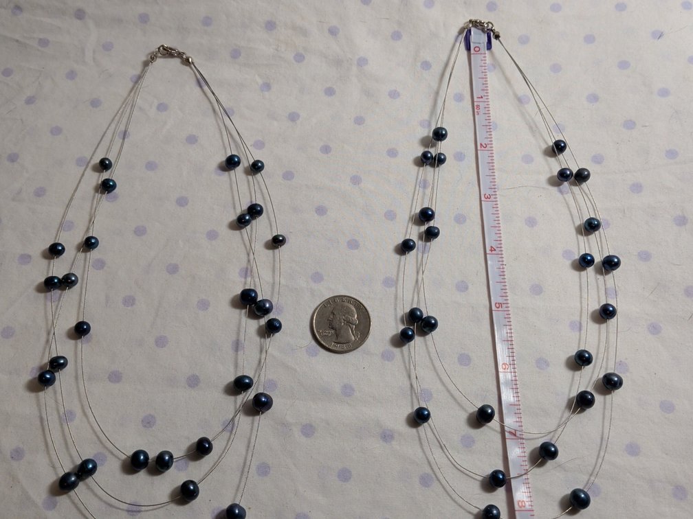 Freshwater Pearl Dark blue/Black on wired line necklace 