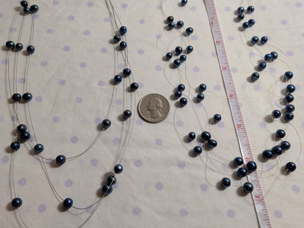 18" Freshwater Pearl dark blue/black on wire and clear line necklace