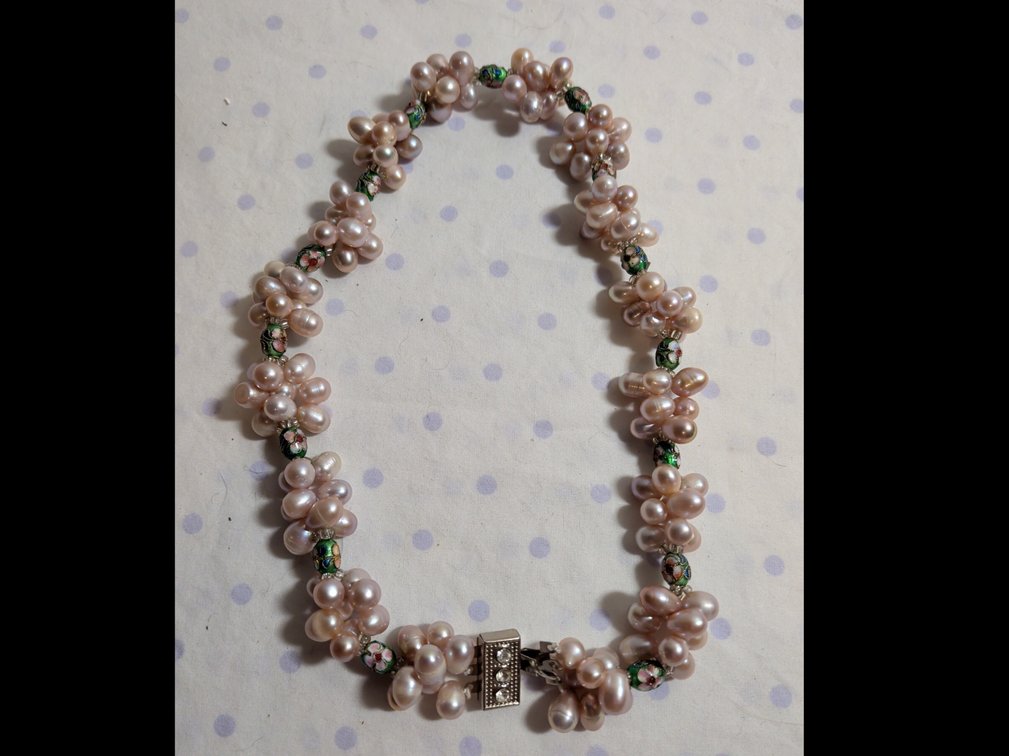 18" Pink freshwater pearl w/green egg painted with flowers